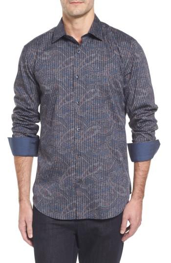 Men's Bugatchi Trim Fit Print Sport Shirt, Size - Blue