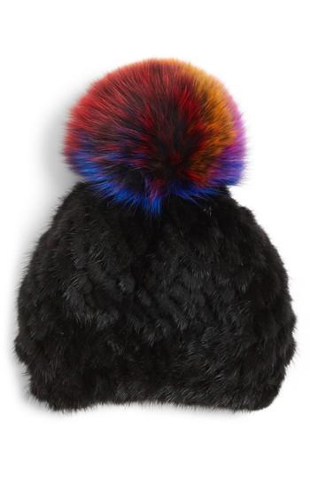 Women's Jocelyn Genuine Mink Fur Beanie With Genuine Fox Fur Pompom -