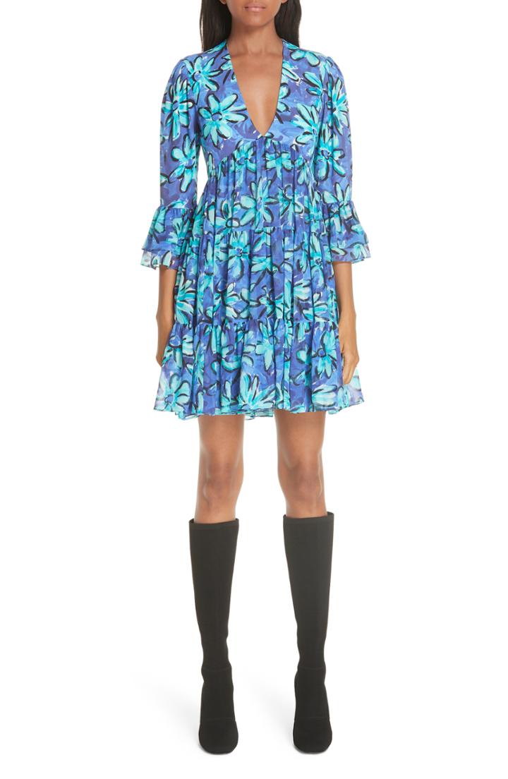 Women's Michael Kors Daisy Print Tiered Silk Georgette Minidress - Green