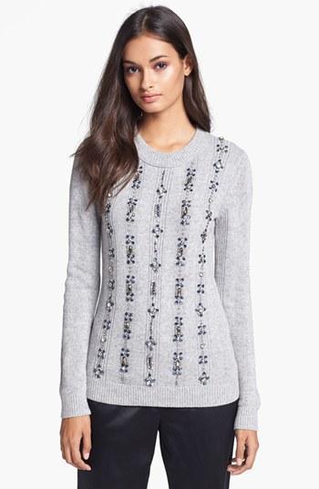 Tory Burch 'etta' Embellished Crewneck Sweater Light Grey Melange
