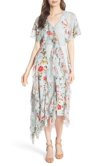 Women's Alice + Olivia Kadence Ruffled Silk & Lace Midi Dress - Blue