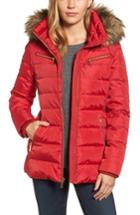 Women's Michael Michael Kors Puffer Coat With Detachable Hood And Faux Fur Trim - Red