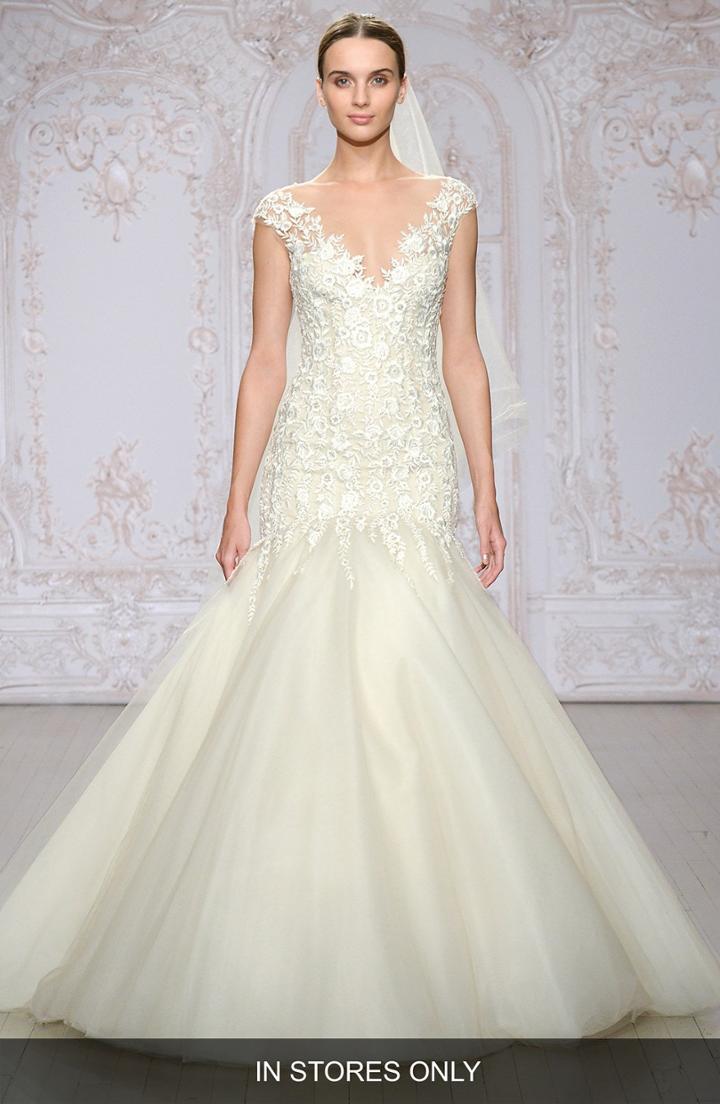 Women's Monique Lhuillier Roslyn Embroidered Illusion Tulle Trumpet Gown, Size In Store Only - White
