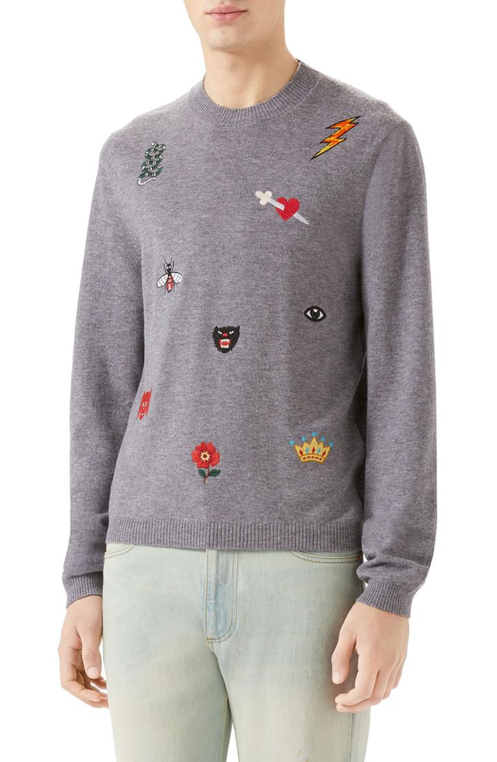 Men's Gucci Embroidered Wool Crewneck Sweater - Grey
