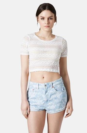 Topshop Textured Lace Crop Tee White