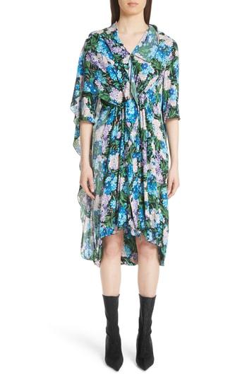 Women's Balenciaga Floral Print Cape Detail Dress Us / 44 Fr - Blue