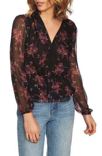 Women's 1.state Wildflower V-neck Peplum Blouse, Size - Black