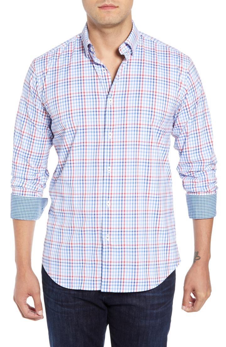 Men's Bugatchi Shaped Fit Check Performance Sport Shirt