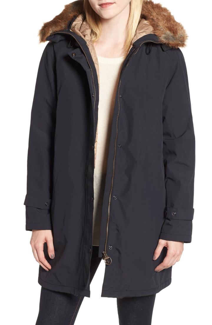Women's Andrew Marc Genuine Fox Fur Trim Velvet Down Coat - Black