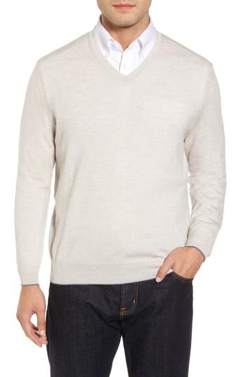 Men's Thomas Dean Merino Wool Blend V-neck Sweater, Size - Grey