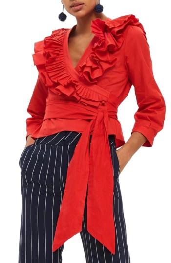 Women's Topshop Pleat Ruffle Wrap Top Us (fits Like 0-2) - Red