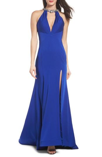 Women's Mac Duggal Jewel Neck Mermaid Gown - Blue