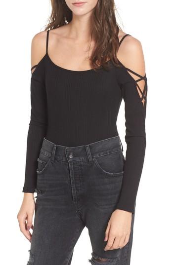 Women's Lace Sleeve Cold Shoulder Bodysuit - Black