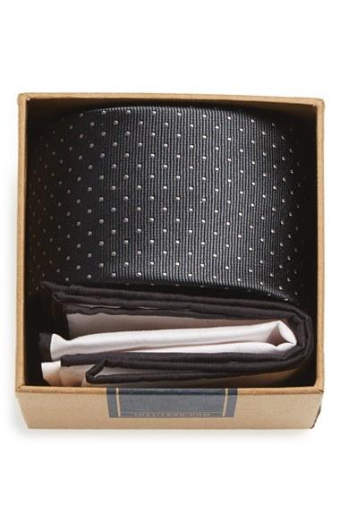 Men's The Tie Bar Dot Silk Tie & Cotton Pocket Square Style Box, Size - Black