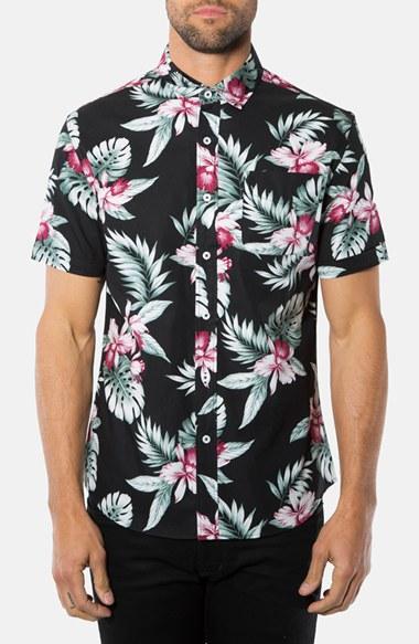 7 Diamonds 'pure Shores' Short Sleeve Aloha Print Sport Shirt Black