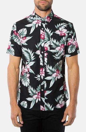 7 Diamonds 'pure Shores' Short Sleeve Aloha Print Sport Shirt Black