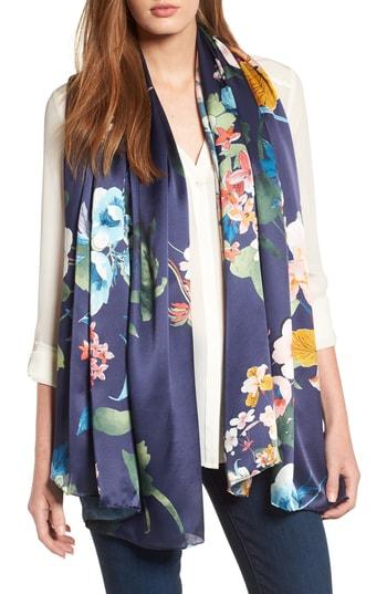 Women's Nordstrom Flower Print Silk Wrap, Size - Blue