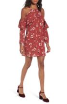 Women's Band Of Gypsies Poppy Print Ruffle Cold Shoulder Dress - Red