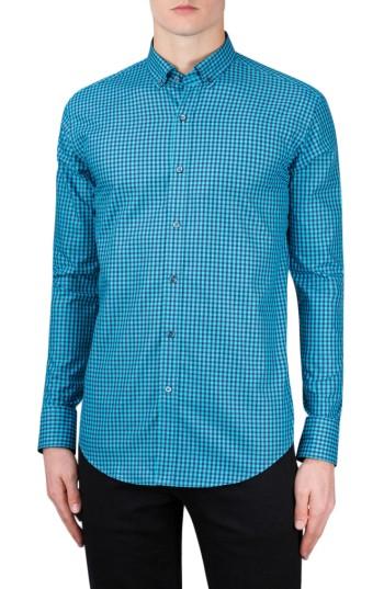 Men's Bugatchi Shaped Fit Gingham Sport Shirt, Size - Blue/green
