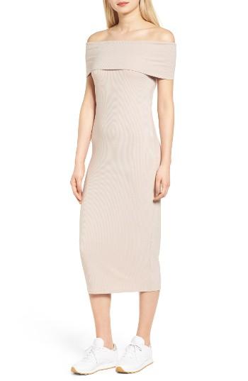 Women's Trouve Ribbed Off The Shoulder Midi Dress, Size - Beige