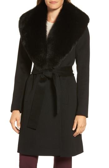 Women's Fleurette Genuine Fox Fur Shawl Collar Loro Piana Wool Wrap Coat - Black