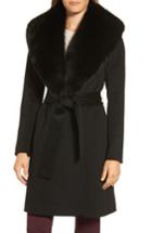 Women's Fleurette Genuine Fox Fur Shawl Collar Loro Piana Wool Wrap Coat - Black