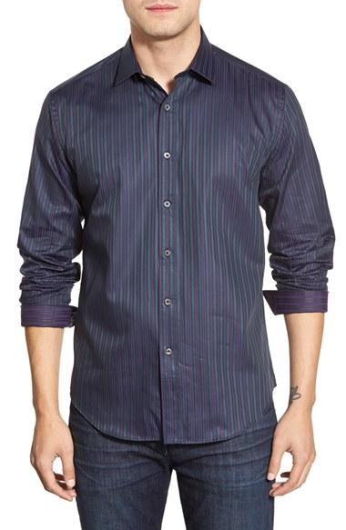 Men's Bugatchi Shaped Fit Stripe Sport Shirt - Purple