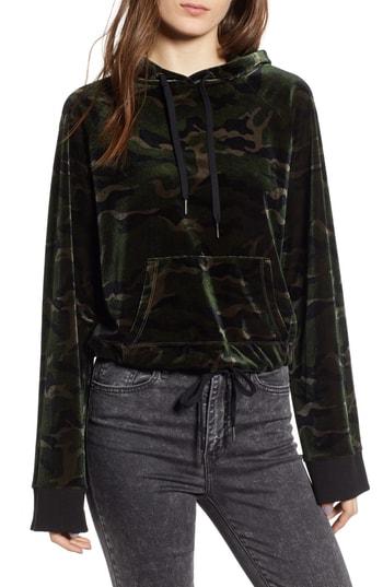 Women's Pam & Gela Camo Velour Drawstring Hoodie, Size - Green