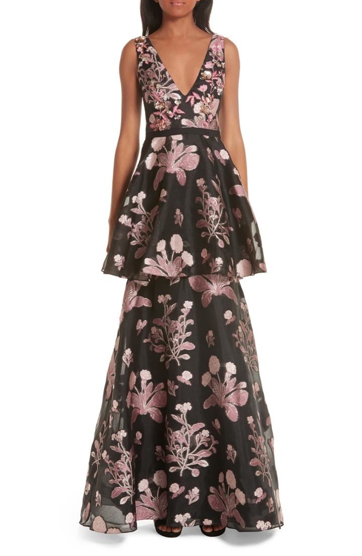 Women's Marchesa Notte Embellished Jacquard Evening Dress - Black