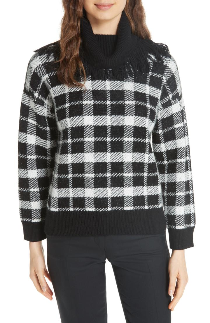 Women's Kate Spade New York Plaid Fringe Turtleneck Sweater - Black
