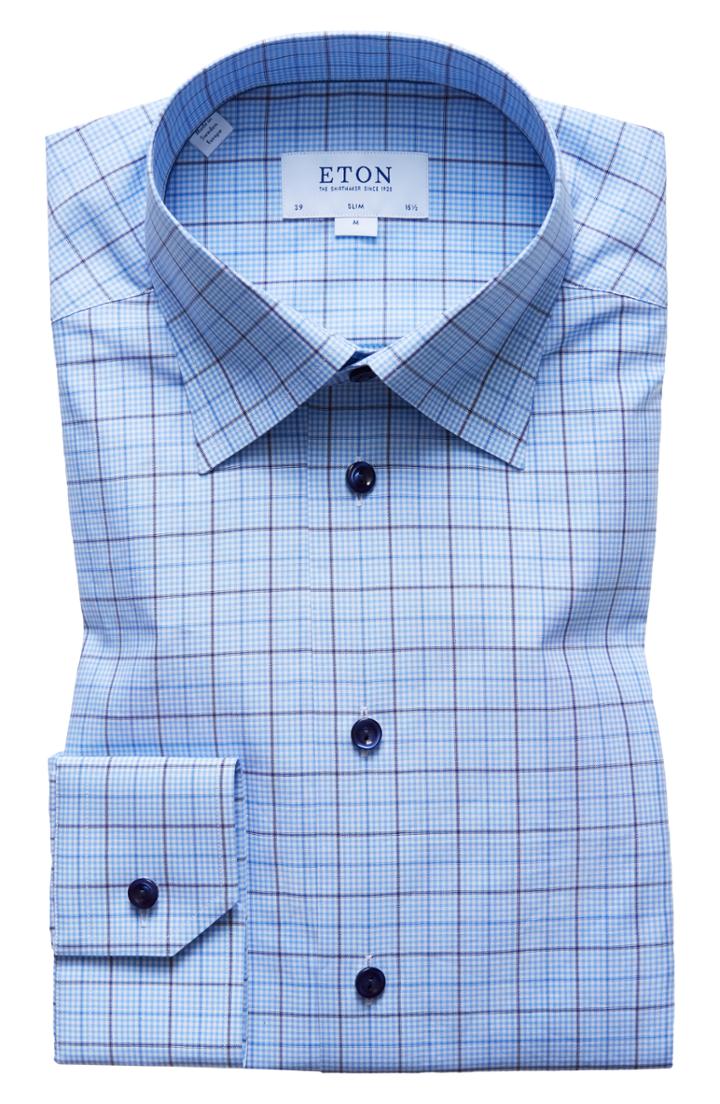 Men's Eton Slim Fit Plaid Dress Shirt - - Blue