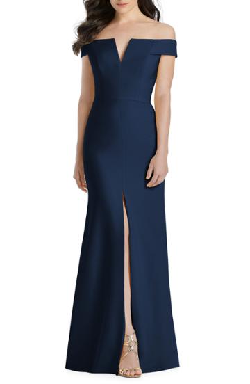 Women's Dessy Collection Notched Off The Shoulder Crepe Gown (similar To 14w) - Blue