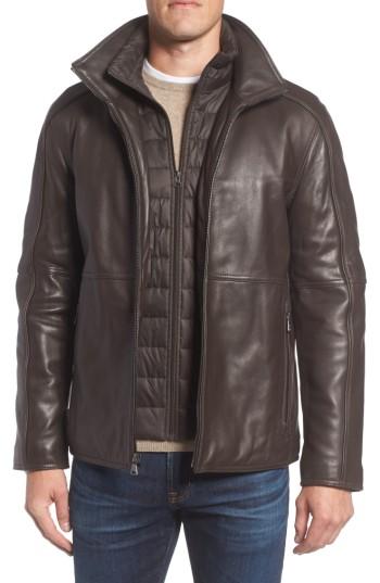 Men's Andrew Marc Leather Jacket With Quilted Insert - Brown