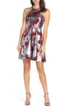 Women's Sequin Hearts Foiled Floral Fit & Flare Dress - Red