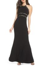 Women's Sequin Hearts Ruffle Back Halter Gown - Black