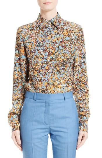 Women's Victoria Beckham Marble Print Silk Crepe De Chine Blouse Us / 8 Uk - Blue
