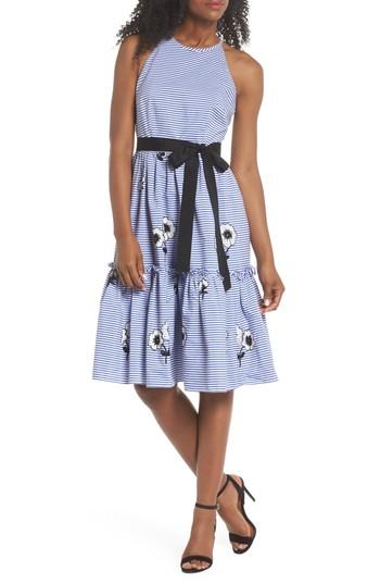 Women's Eliza J Embroidered Stripe Fit & Flare Dress - Blue