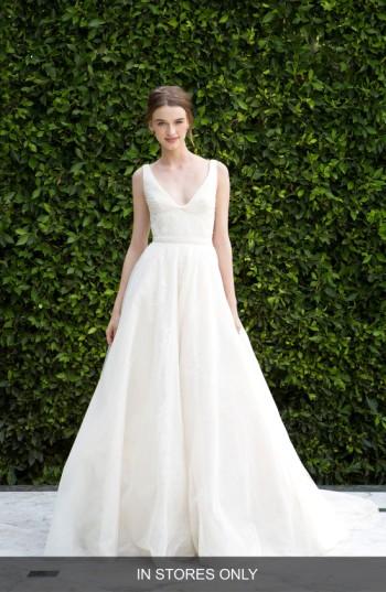 Women's Bliss Monique Lhuillier Scoop Neck Ruched Waist Lace & Tulle Ballgown, Size In Store Only - Beige