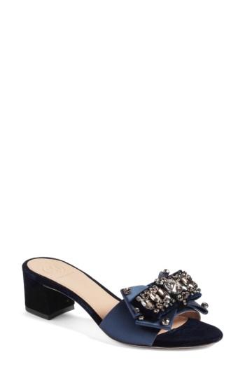 Women's Tory Burch Valentina Embellished Bow Slide Sandal .5 M - Blue