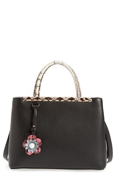 Fendi 'petite 2jours' Genuine Snakeskin Trim Leather Shopper - Black