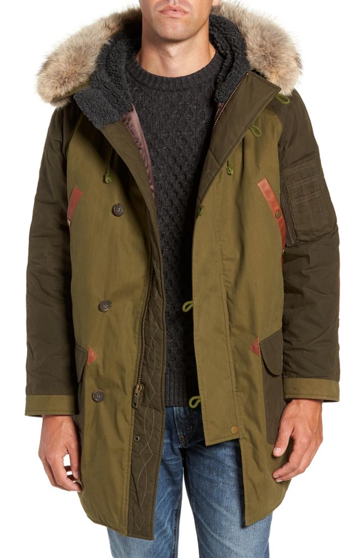 Men's Frye Ranson Faux Fur Trim Mixed Media Parka - Green