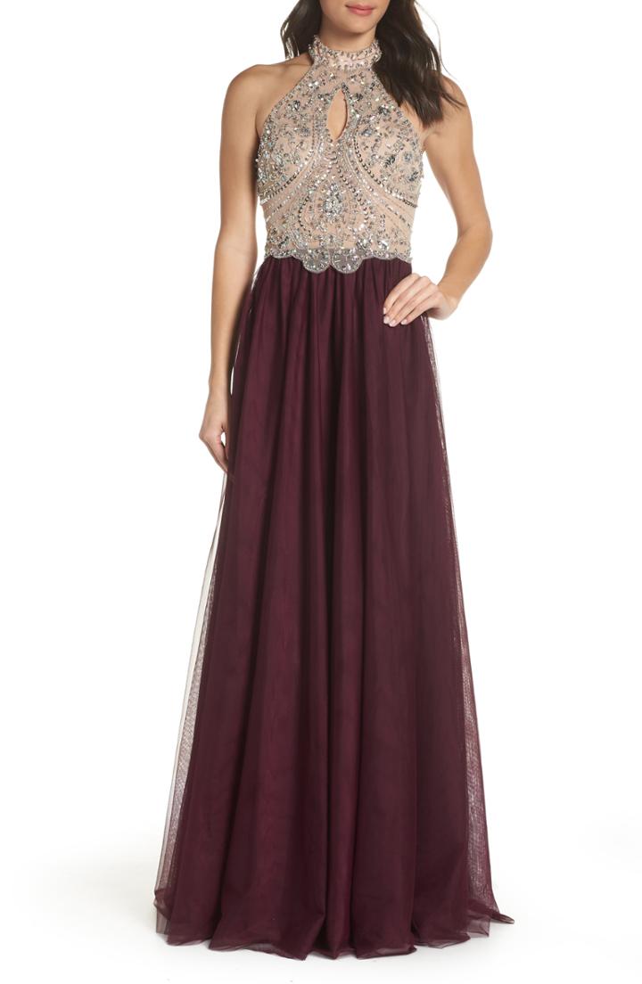 Women's Blondie Nites Halter Neck Beaded Bodice Ballgown - Burgundy
