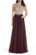 Women's Blondie Nites Halter Neck Beaded Bodice Ballgown - Burgundy
