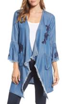 Women's Billy T Embroidered Drape Front Chambray Cardigan