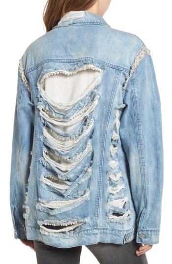 Women's Love, Fire Embellished Ripped Denim Jacket