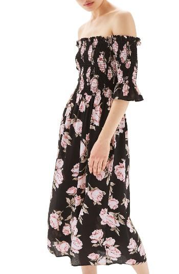 Women's Topshop Bardot Rose Midi Dress Us (fits Like 0) - Black