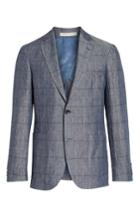 Men's Strong Suit Vantage Trim Fit Windowpane Linen Sport Coat R - Blue