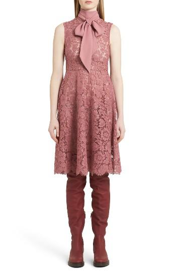 Women's Valentino Tie Neck Guipure Lace Dress - Pink