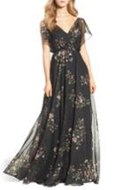 Women's Jenny Yoo Cassie Flutter Sleeve Surplice Gown - Black