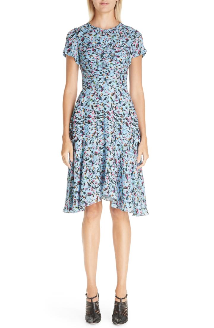 Women's Jason Wu Ruched Floral Print Silk Georgette Dress - Blue